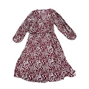 Ava & Viv Womens Burgundy Swirl Midi Dress 1X/16W Balloon Sleeve Belted